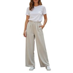 Linen Blend Wide Leg Pants Beige Paperbag Waist Drawstring Casual Comfort
